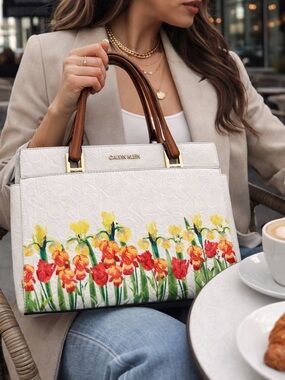 NWOT Calvin Klein Audrey CK Floral Emboss Satchel Handbag Iris Print Gold